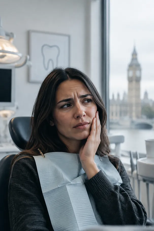 Woman in a dental chair holding her cheek in pain
